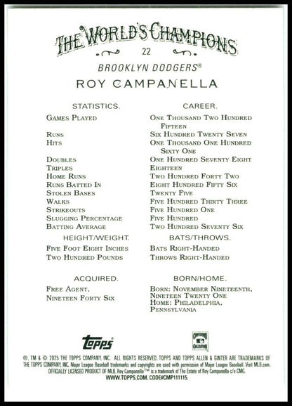 2025 Topps Allen & Ginter Silver Portrait #22 Roy Campanella Brooklyn Dodgers