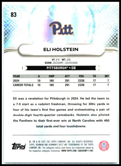 2025 Bowman University Best #83 Eli Holstein Pittsburgh Panthers