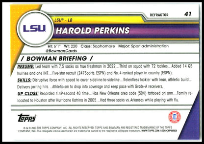 2023 Bowman University Chrome Refractor #41 Harold Perkins LSU Tigers
