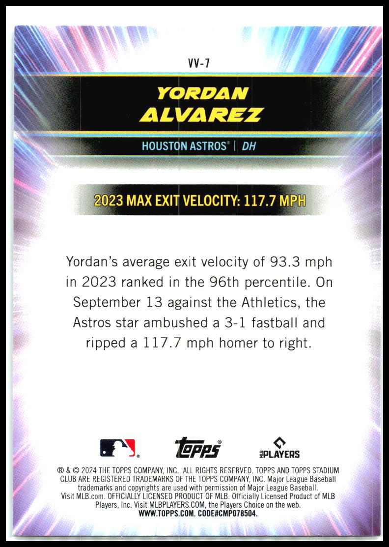 2024 Stadium Club Virtuosos of Velocity #VV-7 Yordan Alvarez Houston Astros