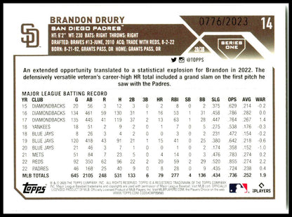 2023 Topps Gold #14 Brandon Drury #/2023 San Diego Padres