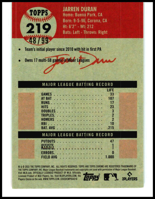 2022 Topps Chrome Platinum Toile Green /99 #219 Jarren Duran Rookie Boston