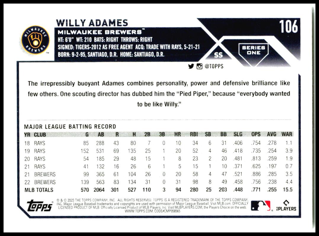 2023 Topps #106 Willy Adames Milwaukee Brewers