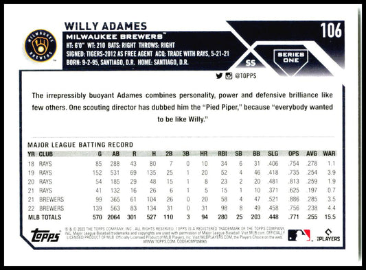 2023 Topps #106 Willy Adames Milwaukee Brewers