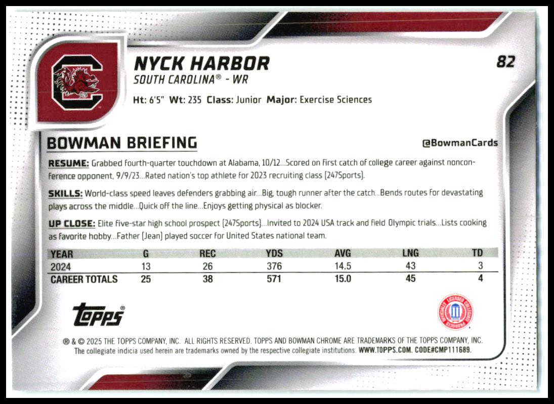 2025 Bowman University Chrome #82 Nyck Harbor South Carolina Gamecocks