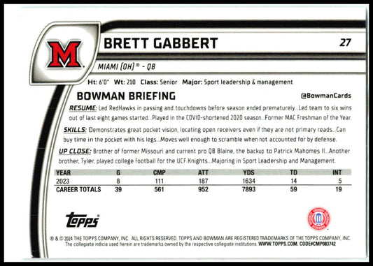 2024 Bowman University Chrome Aqua Mini-Diamond /275 #27 Brett Gabbert