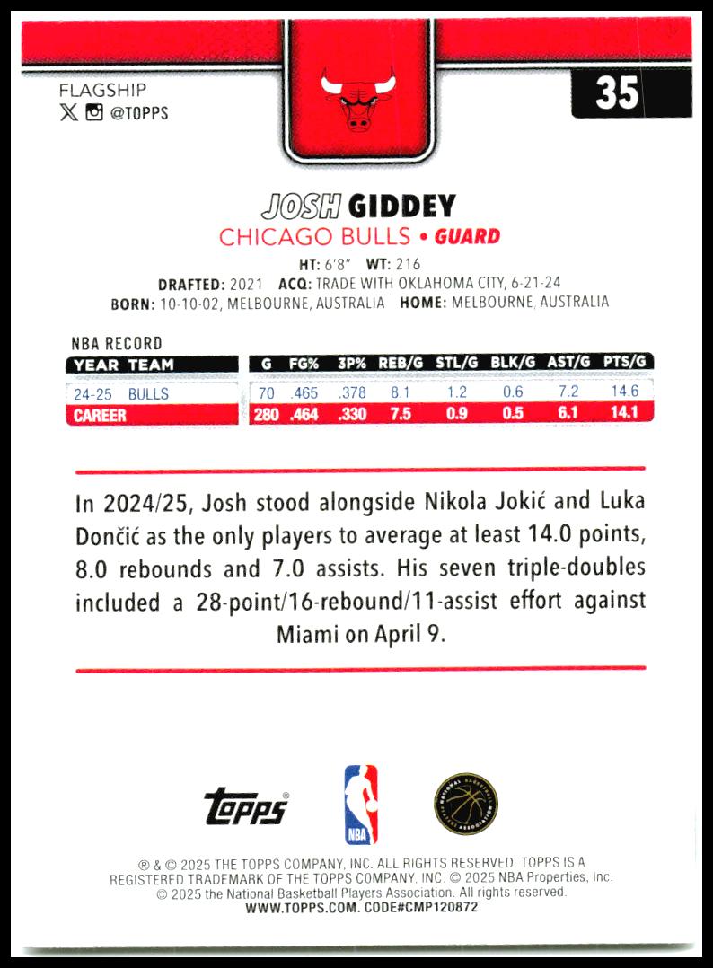 2025-26 Topps #35 Josh Giddey Chicago Bulls
