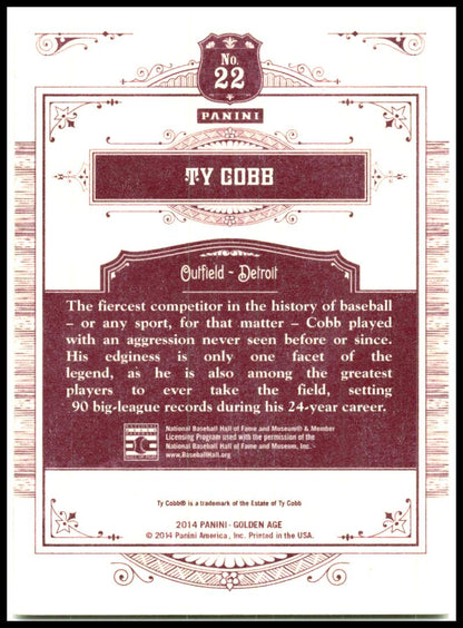 2014 Panini Golden Age #22 Ty Cobb Detroit Tigers