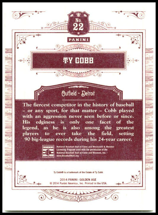 2014 Panini Golden Age #22 Ty Cobb Detroit Tigers