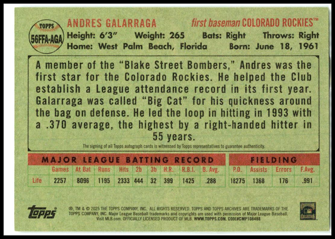 2025 topps archives Fan Favorites Auto #56FFA-AGA Andres Galarraga