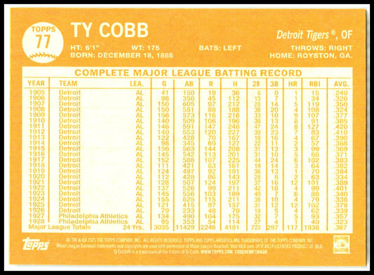 2025 topps archives #77 Ty Cobb Detroit Tigers