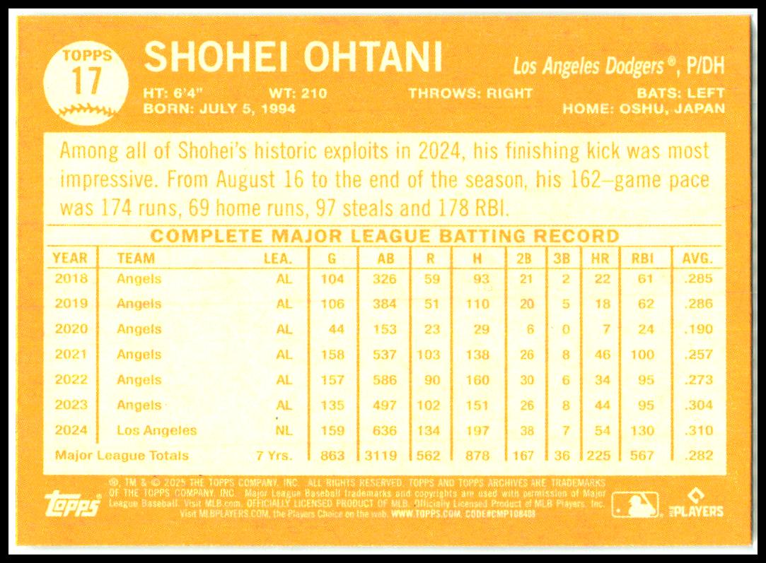 2025 topps archives #17 Shohei Ohtani Los Angeles Dodgers