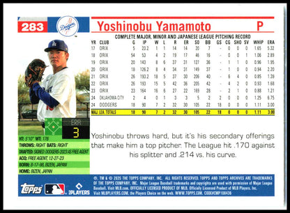 2025 topps archives #283 Yoshinobu Yamamoto