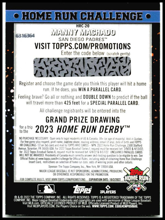 2022 Topps Home Run Challenge Code Card #HRC-20 Manny Machado San Diego Padres