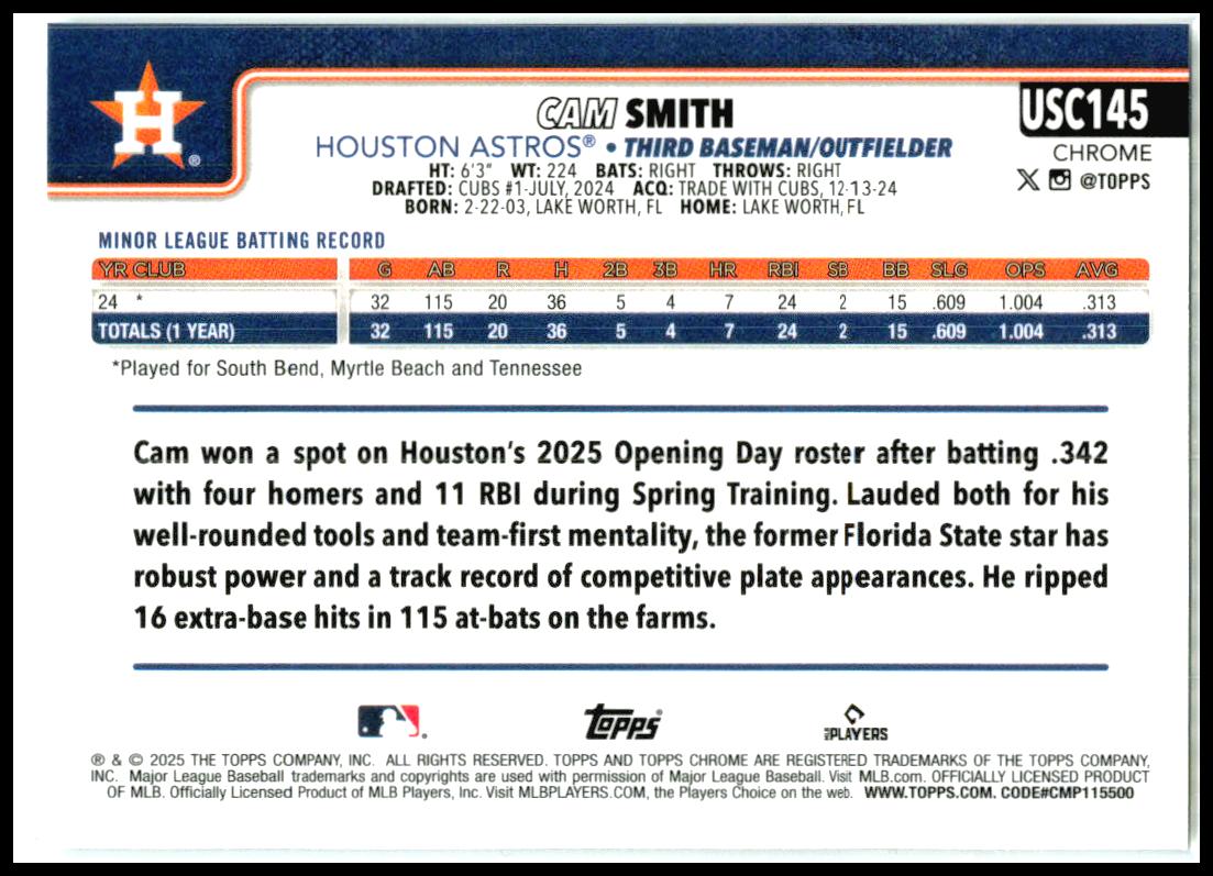 2025 Topps Chrome Update #USC145 Cam Smith Rookie Houston Astros