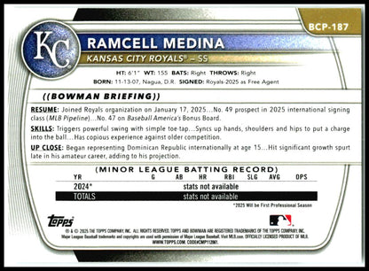 2025 Bowman Chrome Prospects #BCP-187 Ramcell Medina Kansas City Royals