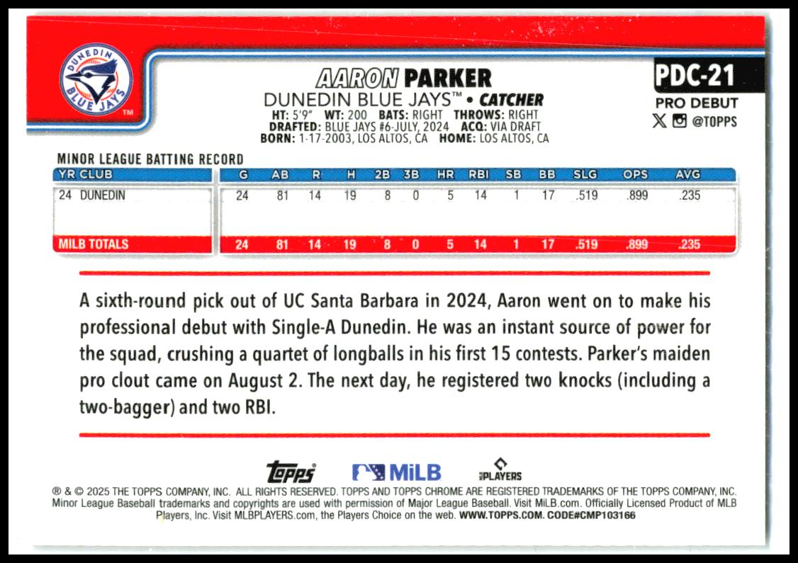 2025 Topps Pro Debut Chrome Gold Refractor #PDC-21 Aaron Parker Blue Jays