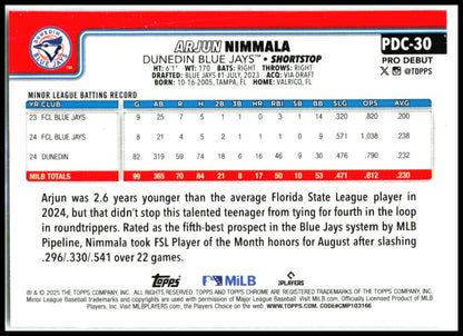 2025 Topps Pro Debut Chrome X-Fractor #PDC-30 Arjun Nimmala Dunedin Blue Jays
