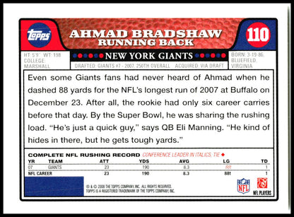 2008 Topps #110 Ahmad Bradshaw New York Giants
