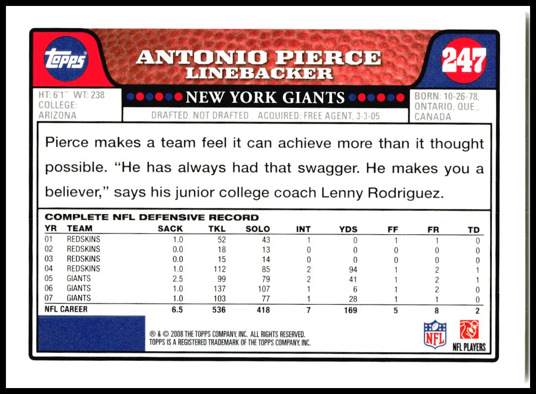 2008 Topps #247 Antonio Pierce New York Giants