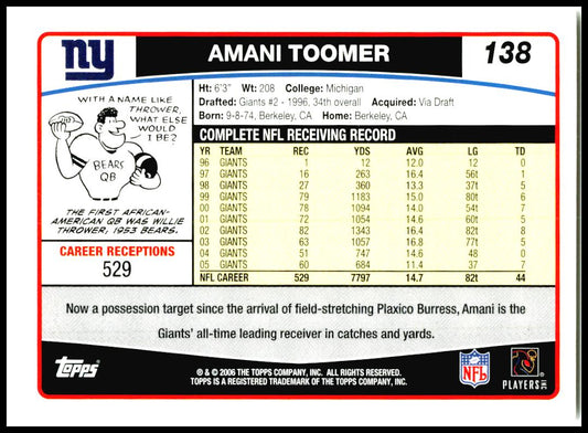 2006 Topps #138 Amani Toomer New York Giants