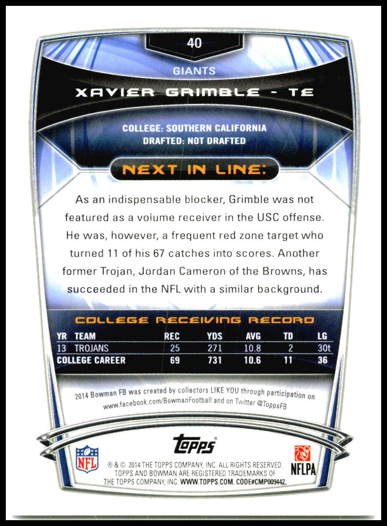 2014 Bowman Rookies #40 Xavier Grimble Rookie New York Giants