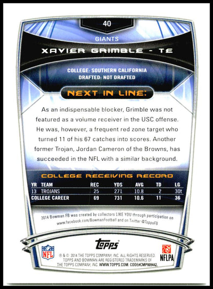 2014 Bowman Rookies #40 Xavier Grimble Rookie New York Giants