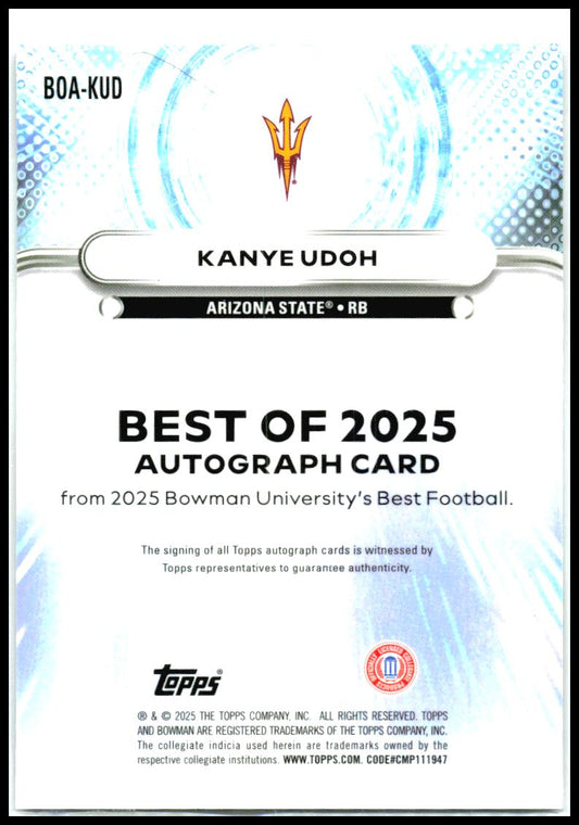 2025 Bowman University Best Best Of 2025 Auto # Kanye Udoh Auto Sun Devils