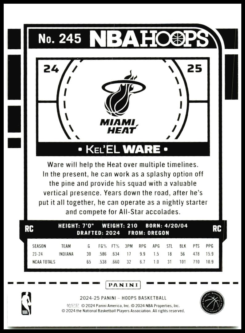 2024-25 Hoops #245 Kel'el Ware Rookie Miami Heat