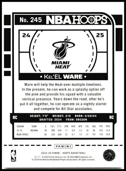 2024-25 Hoops #245 Kel'el Ware Rookie Miami Heat
