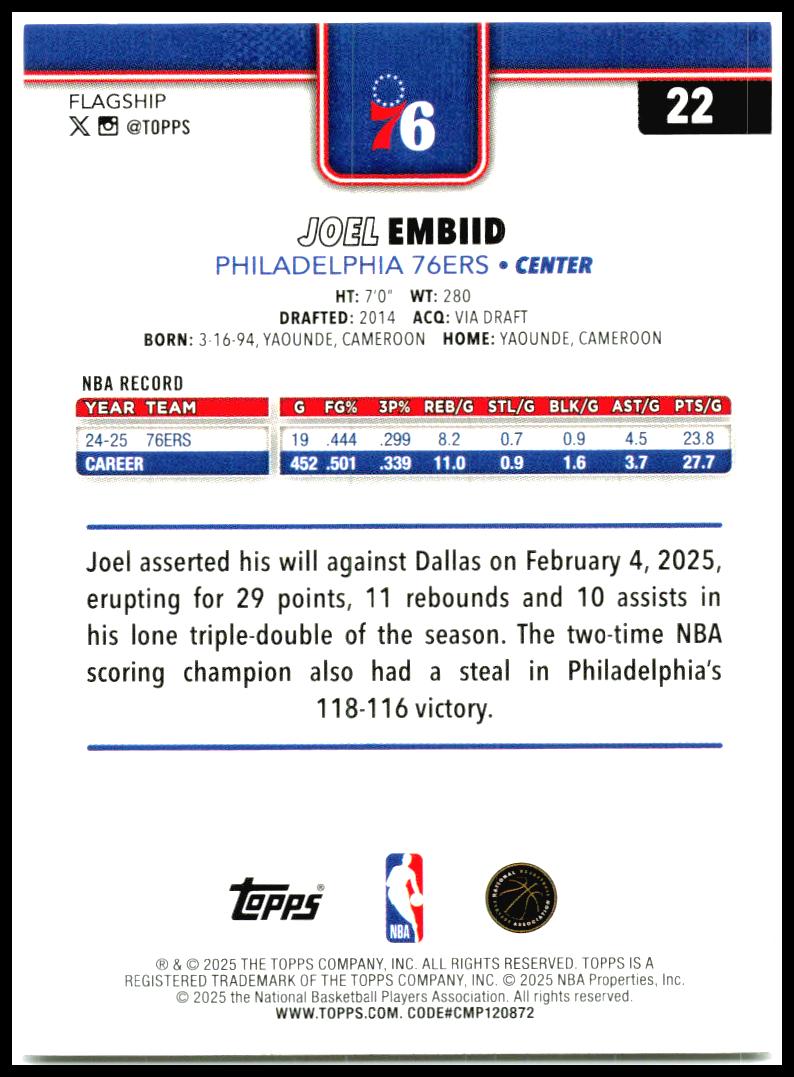 2025-26 Topps #22 Joel Embiid Philadelphia 76ers