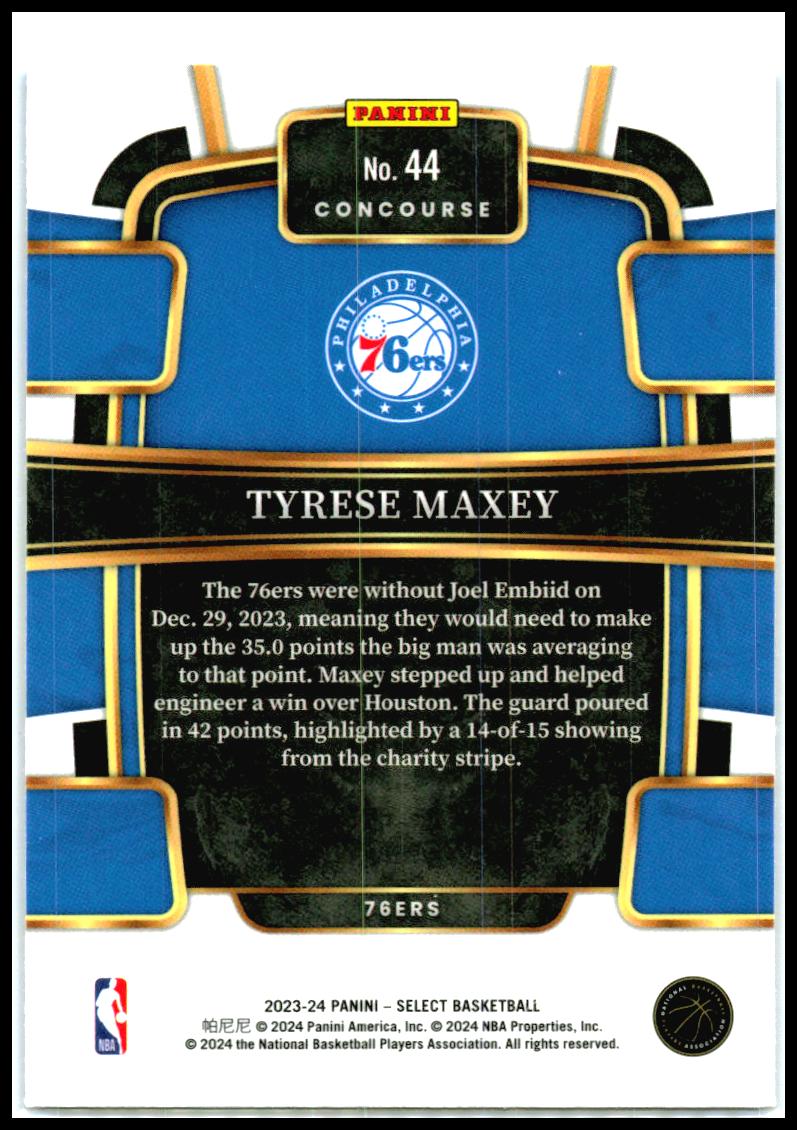 2023-24 Panini Select Blue #44 Tyrese Maxey Philadelphia 76ers
