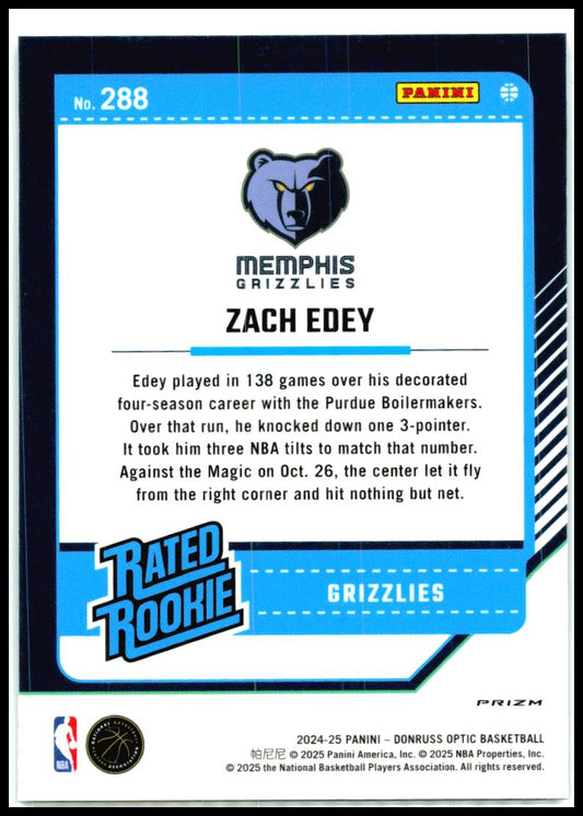 2024-25 Donruss Optic Holo #288 Zach Edey Rookie Memphis Grizzlies