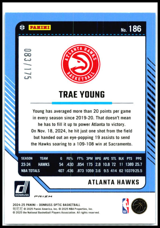 2024-25 Donruss Optic Hyper Blue #186 Trae Young #/175 Atlanta Hawks