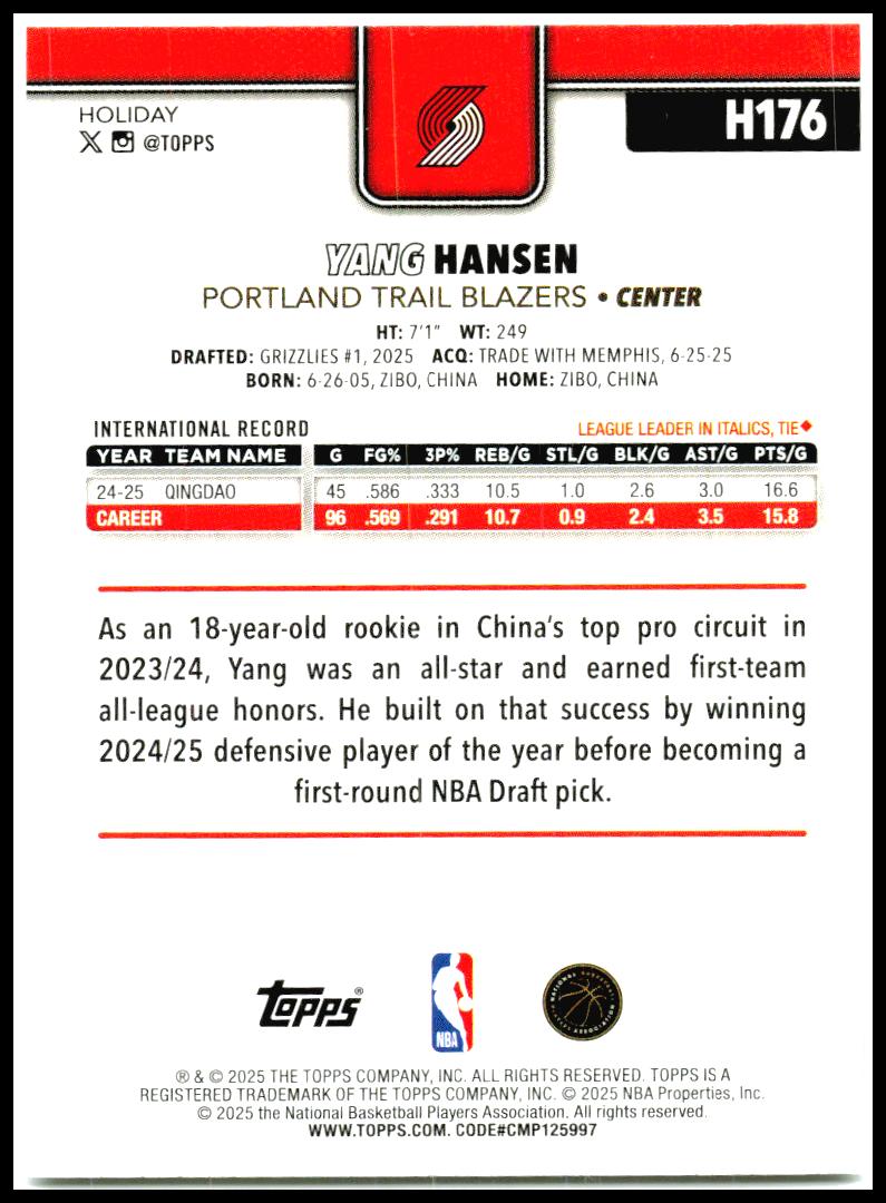 2025-26 Topps Holiday #H176 Yang Hansen Rookie Portland Trail Blazers