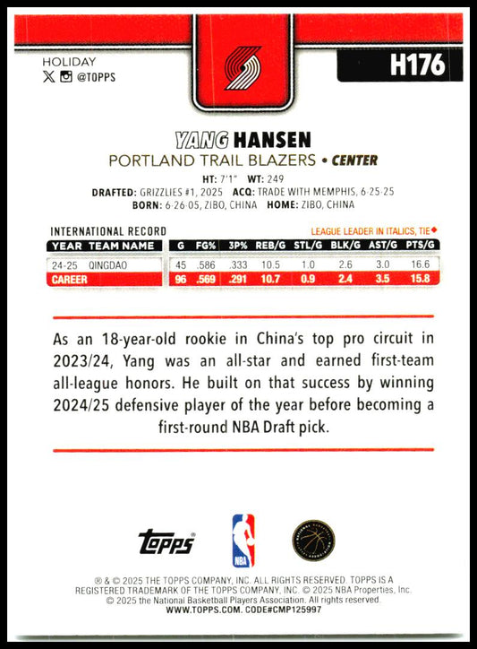 2025-26 Topps Holiday #H176 Yang Hansen Rookie Portland Trail Blazers