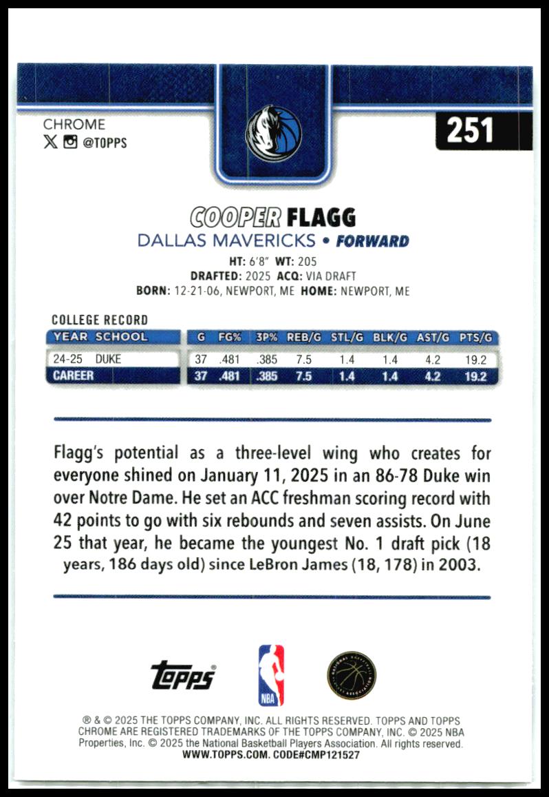 2025-26 Topps Chrome #251 Cooper Flagg