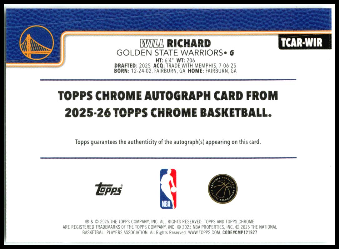 2025-26 Topps Chrome Auto #TCAR-WIR Will Richard