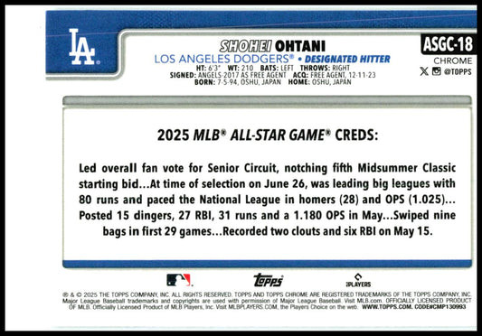 2025 Topps Update 2025 All-Star Game #ASG-1 Shohei Ohtani Los Angeles Dodgers