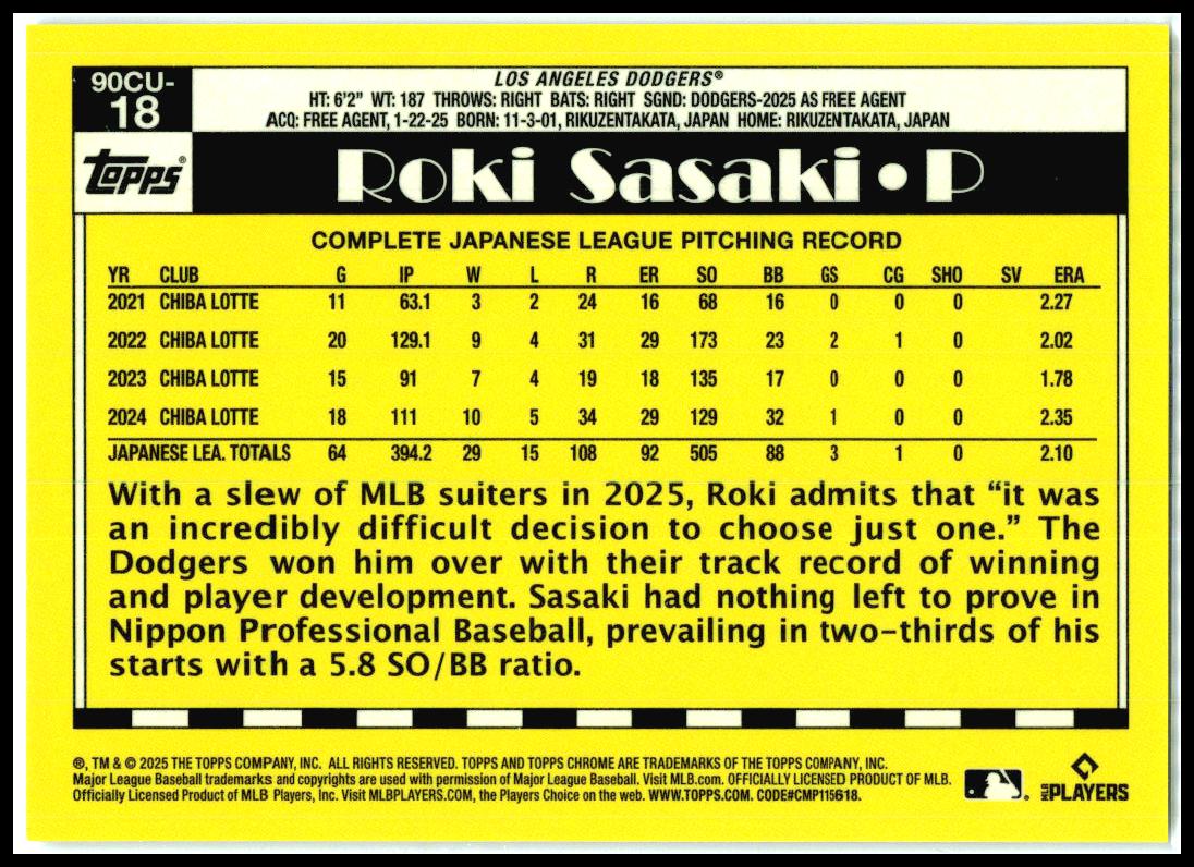 2025 Topps Chrome 1990 Topps Chrome Gold Refractor #90CU-18 Roki Sasaki Dodgers