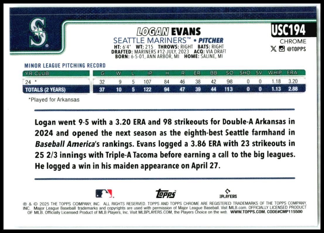 2025 Topps Update Prism #USC194 Logan Evans Rookie Seattle Mariners