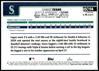 2025 Topps Update Prism #USC194 Logan Evans Rookie Seattle Mariners