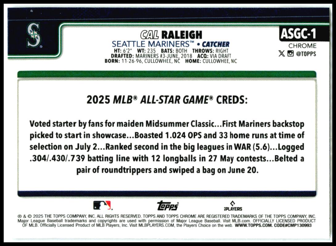 2025 Topps Update 2025 All-Star Game #ASG-9 Cal Raleigh Seattle Mariners