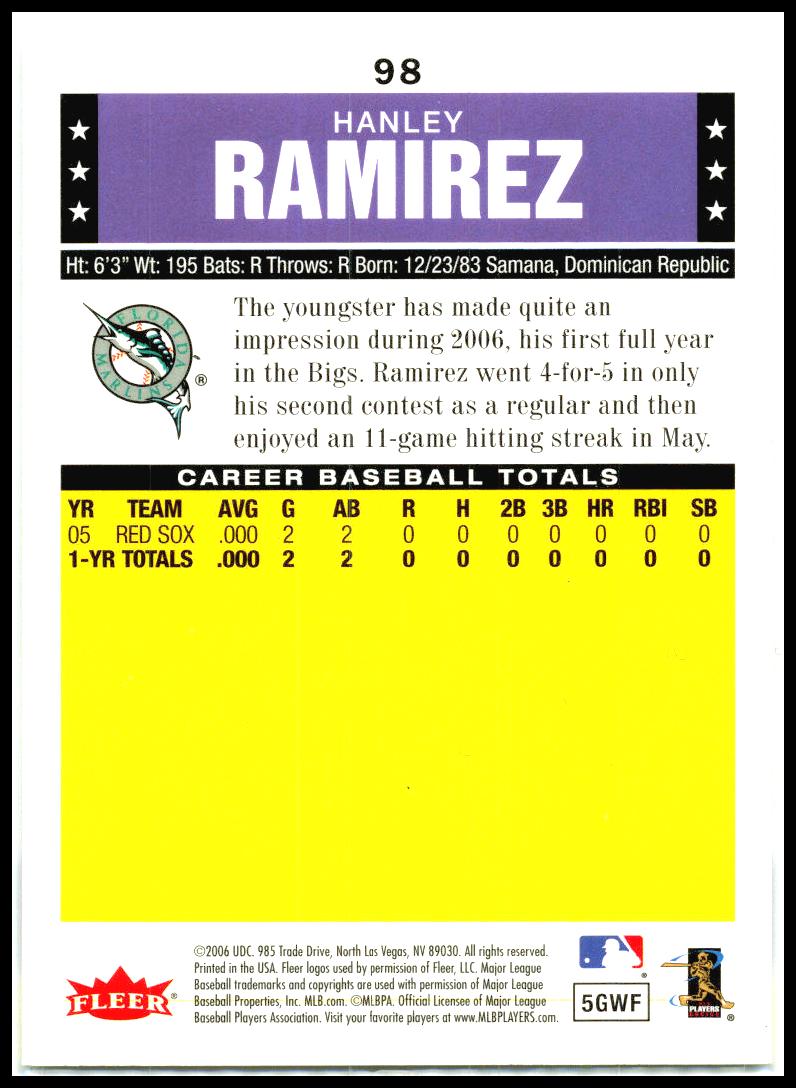 2006 Fleer Tradition #98 Hanley Ramirez Florida Marlins