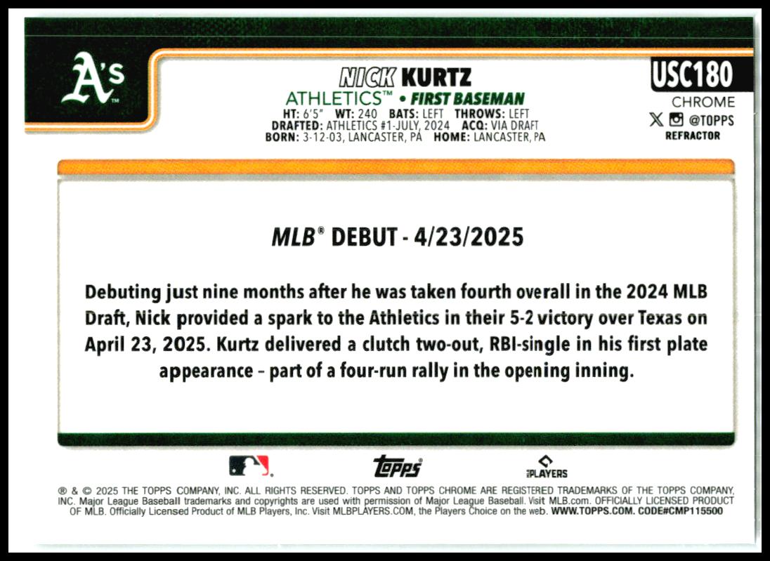 2025 Topps Chrome Refractor #USC180 Nick Kurtz Athletics