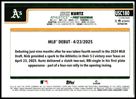 2025 Topps Chrome Refractor #USC180 Nick Kurtz Athletics