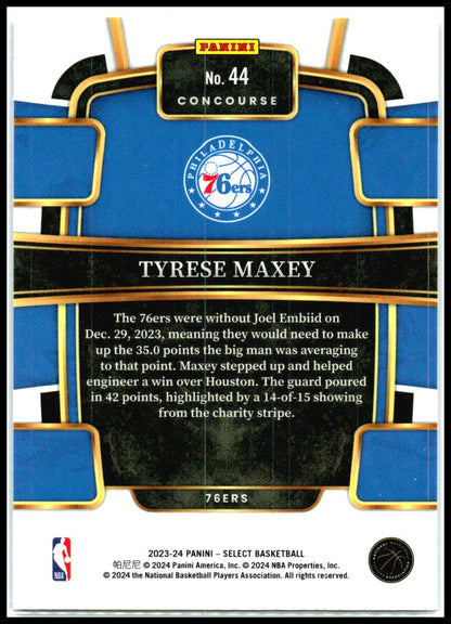 2023-24 Panini Select Blue #44 Tyrese Maxey Philadelphia 76ers
