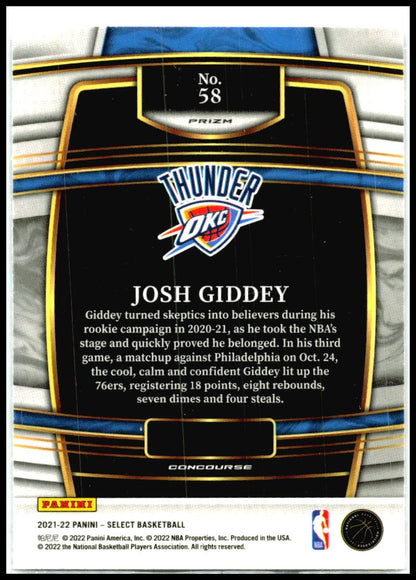 2021-22 Panini Select Silver Prizms #58 Josh Giddey Rookie Oklahoma City Thunder