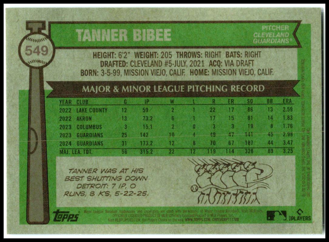 2025 Topps Heritage Light Blue Sparkles #549 Tanner Bibee Cleveland Guardians