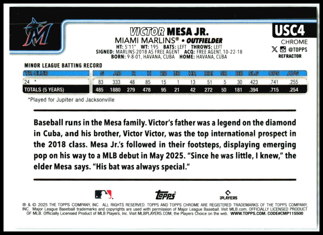 2025 Topps Update Rainbow Foil #US220 Victor MESA JR. Rookie Miami Marlins